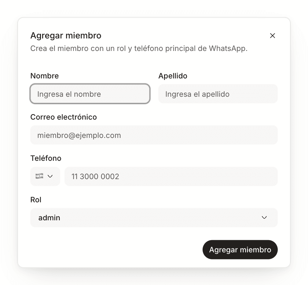 El diálogo Agregar miembro, con nombre, apellido, correo, teléfono y rol.