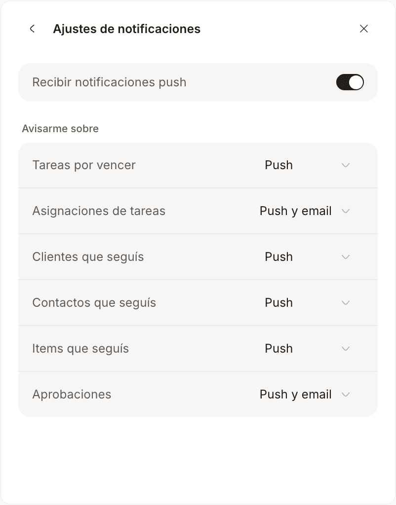 Ajustes de notificaciones, con el interruptor de push y un selector para cada tipo de aviso.
