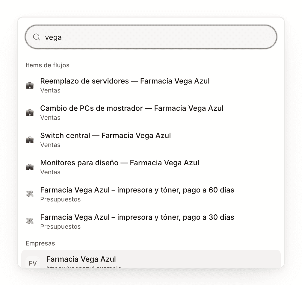 La búsqueda con un nombre escrito y los resultados agrupados en items de flujos y empresas.