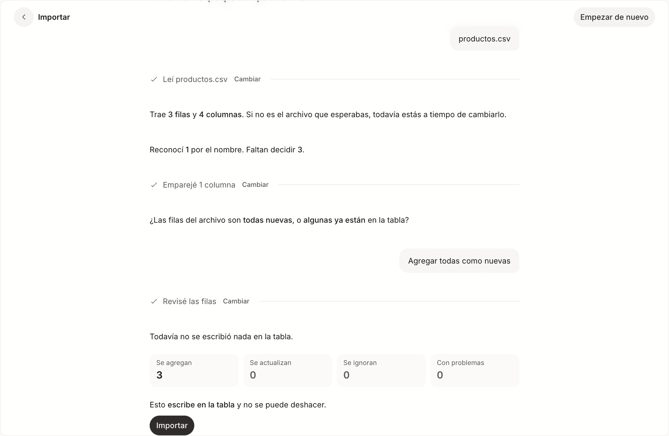 El resumen previo, con los contadores de filas que se agregan, actualizan, ignoran o tienen problemas, y el aviso de que todavía no se escribió nada.