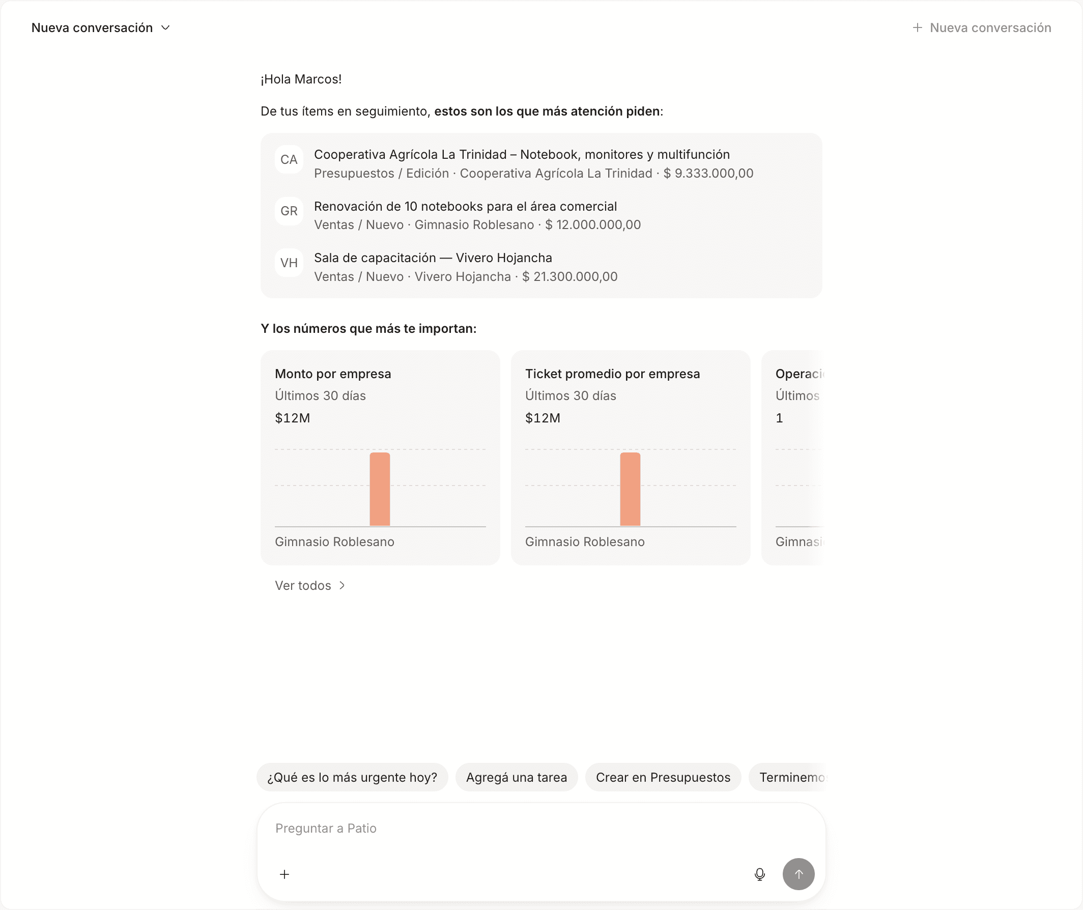 La pantalla de inicio, con los items que piden atención, los números del período y el asistente abajo.