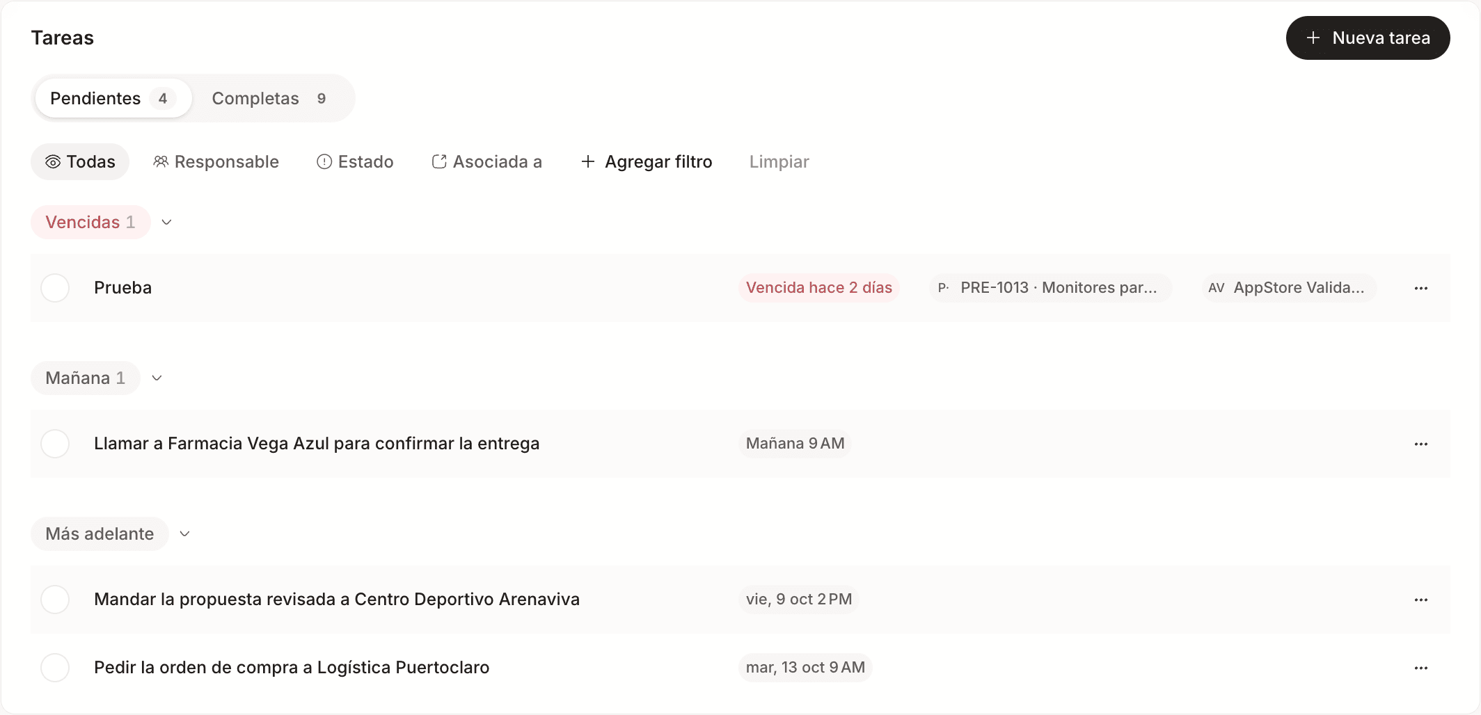 La lista de tareas pendientes, agrupadas en vencidas, mañana y más adelante, con los filtros arriba.