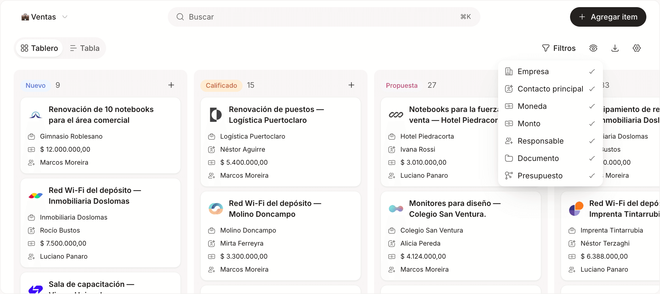 El menú del ojo abierto sobre el tablero, con un tilde en cada campo que muestran las tarjetas.