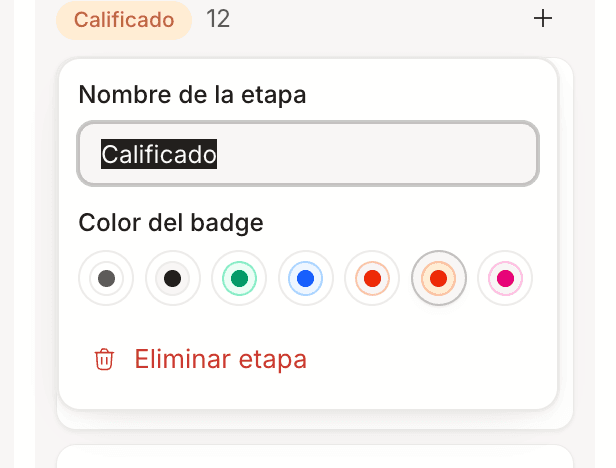 El editor de una etapa, con el nombre y la paleta de colores del badge.