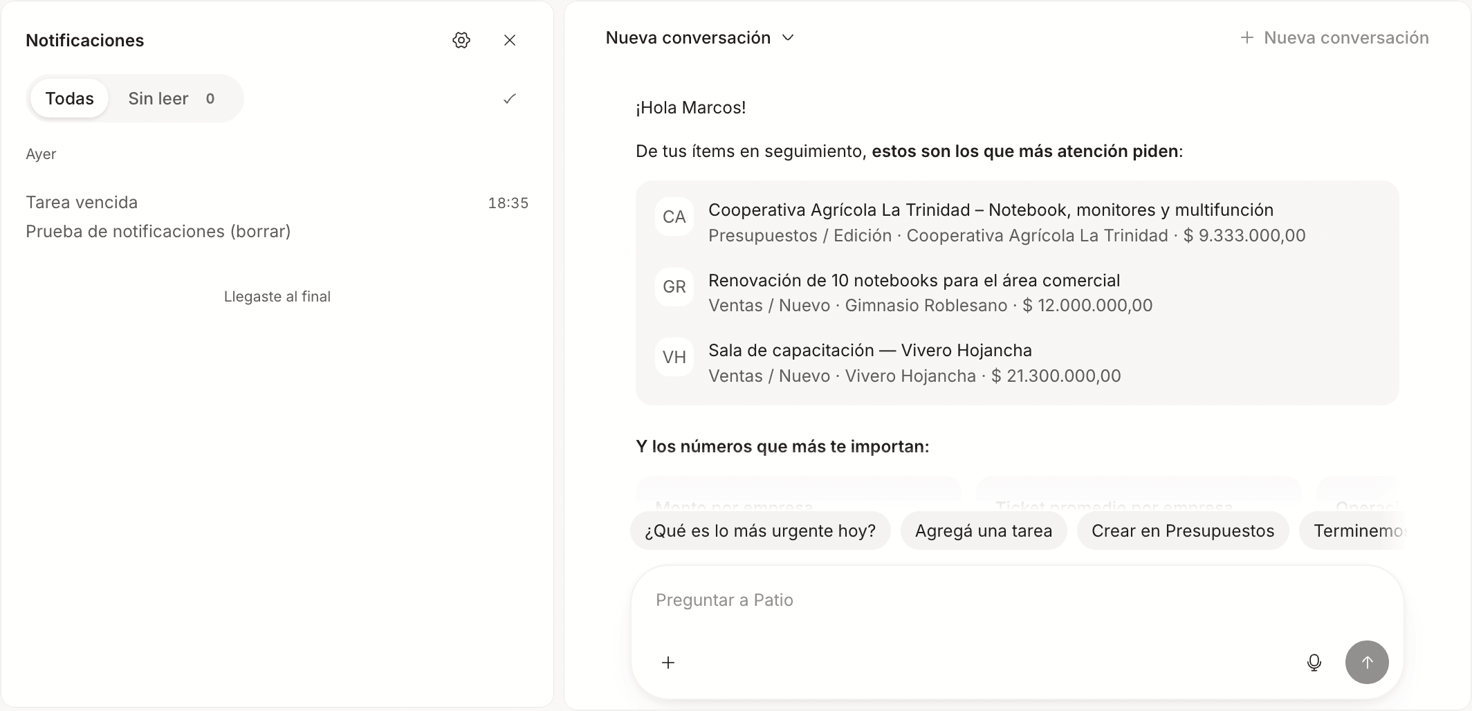 El panel de notificaciones abierto al costado del inicio, con las pestañas Todas y Sin leer y un aviso de tarea vencida.
