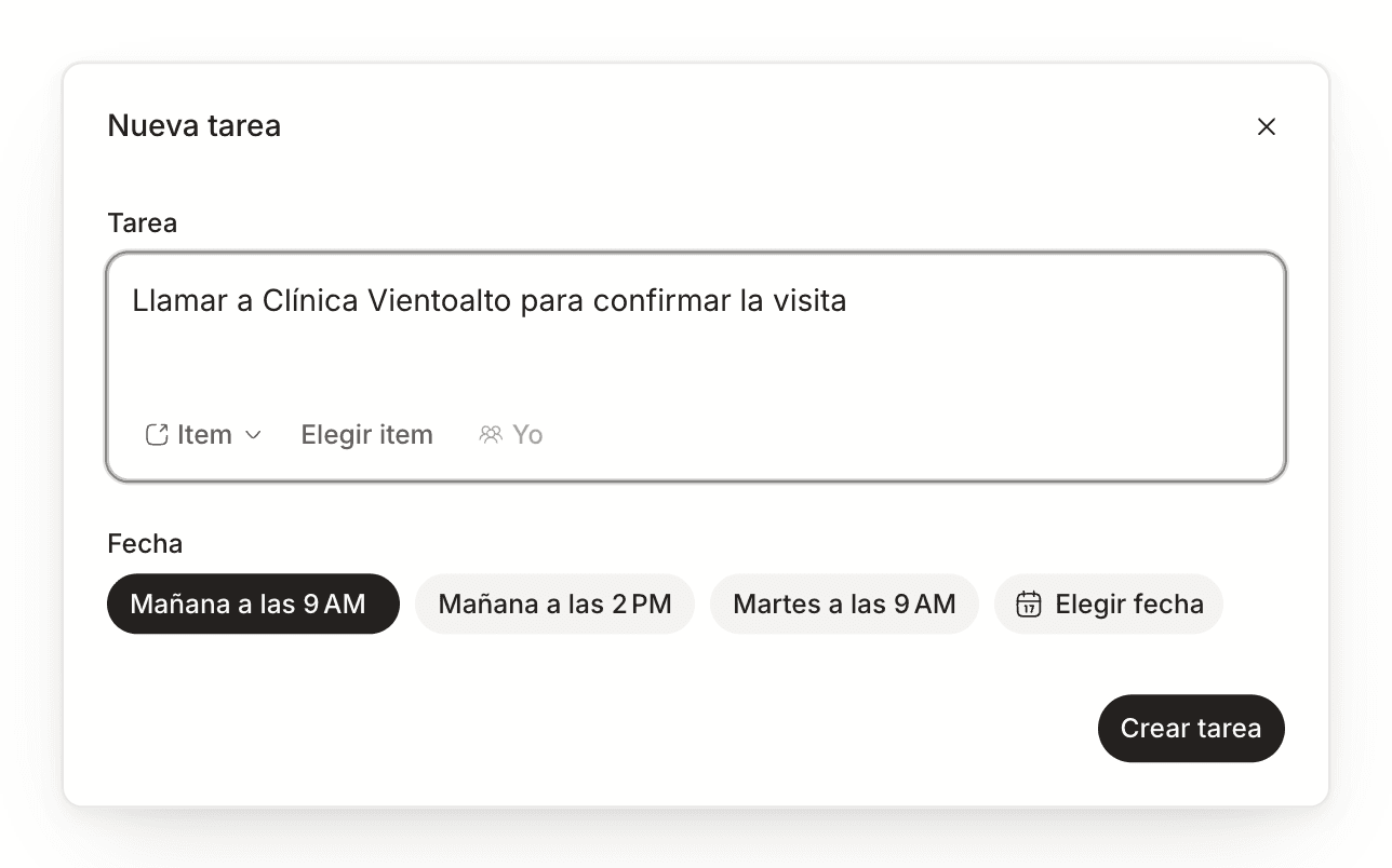 El diálogo Nueva tarea, con el texto escrito, el selector de item, el responsable y los atajos de fecha.