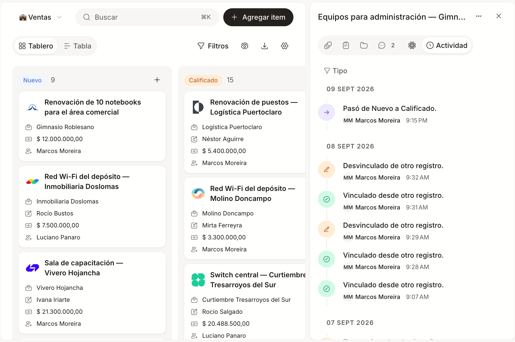 Un item del flujo de ventas con la pestaña Actividad abierta, que muestra el cambio de etapa, los vínculos y quién hizo cada uno.
