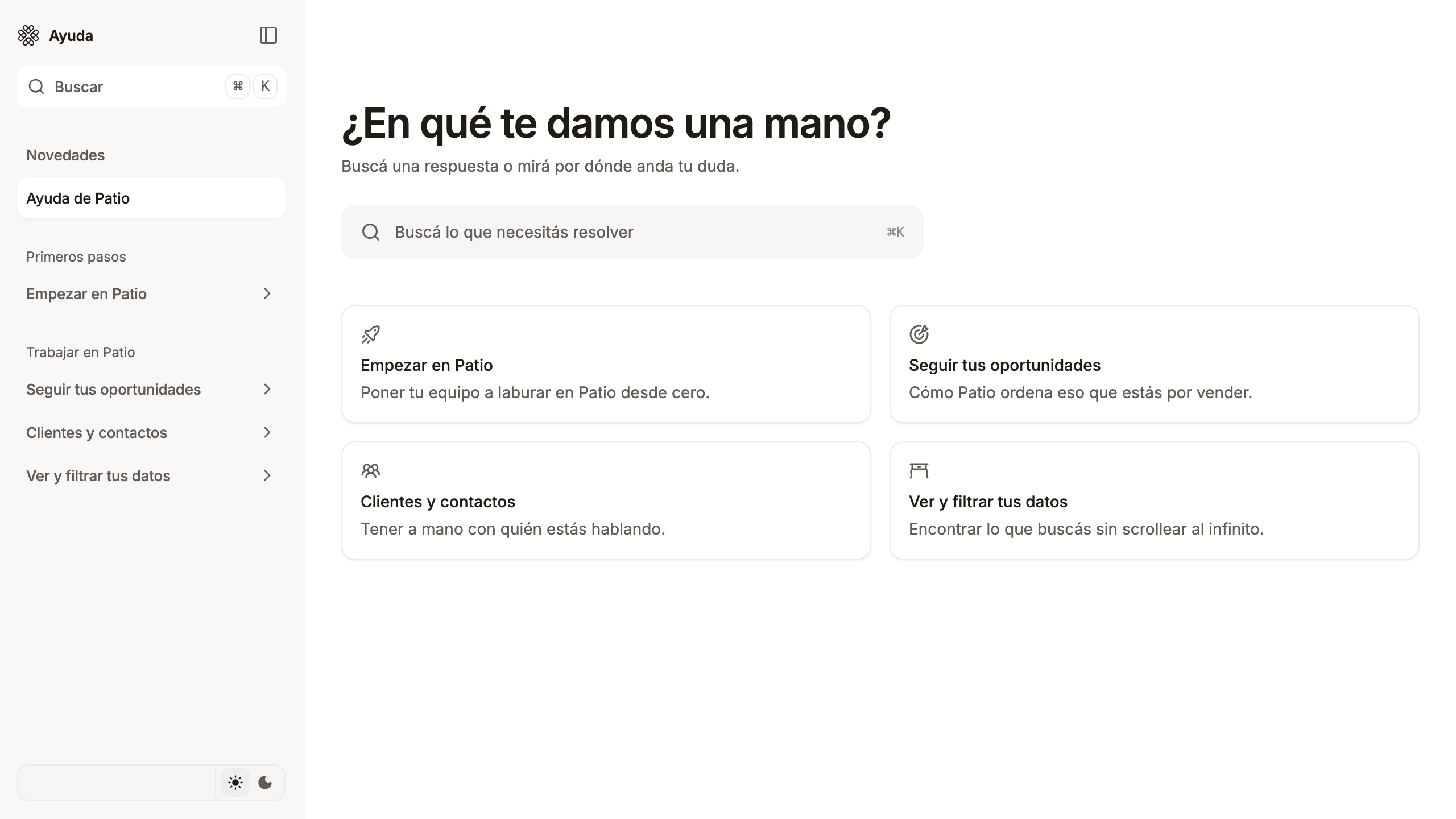 El índice del centro de ayuda, con el buscador y las cuatro secciones